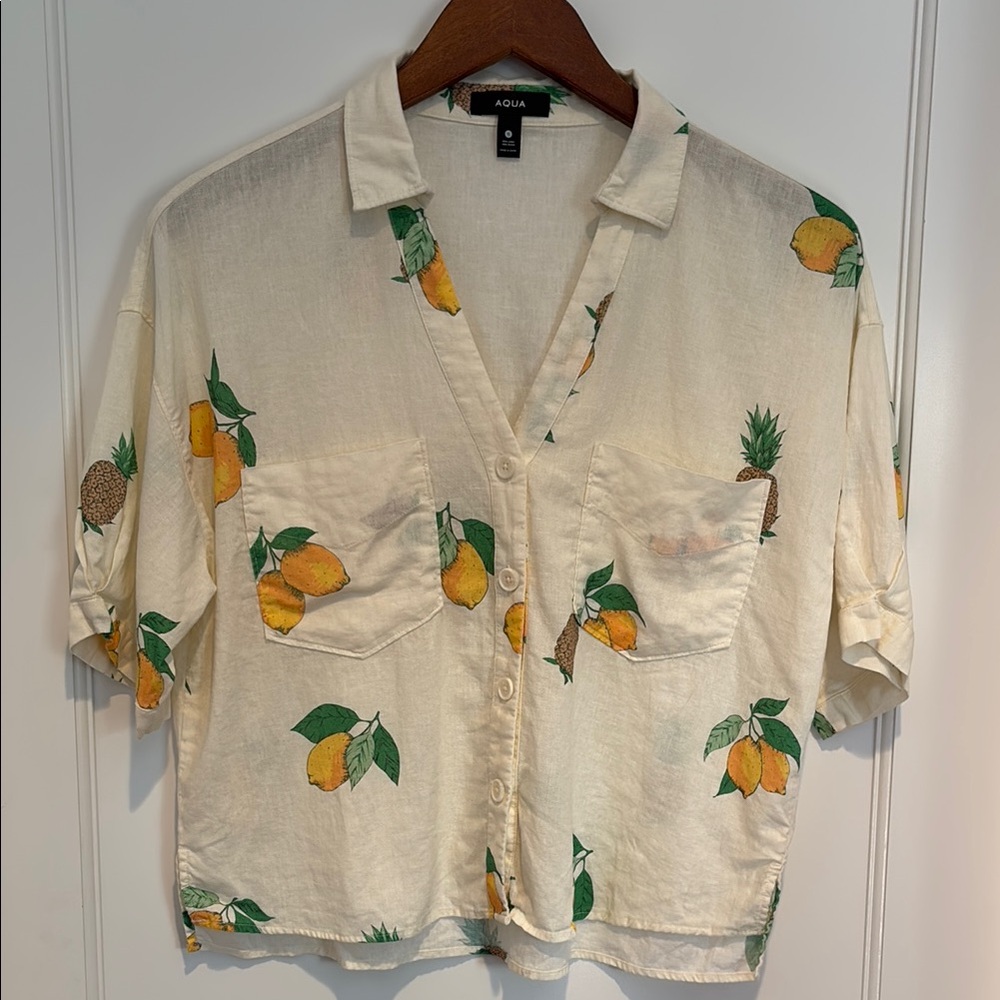 Aqua linen blend button down blouse with tropical lemon & pineapple print